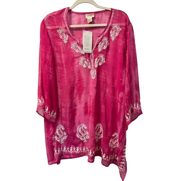 Beaches & Boho Embroidered Tie-Dye Tunic Top Sz 1X Pink NWT - Picture 1 of 12